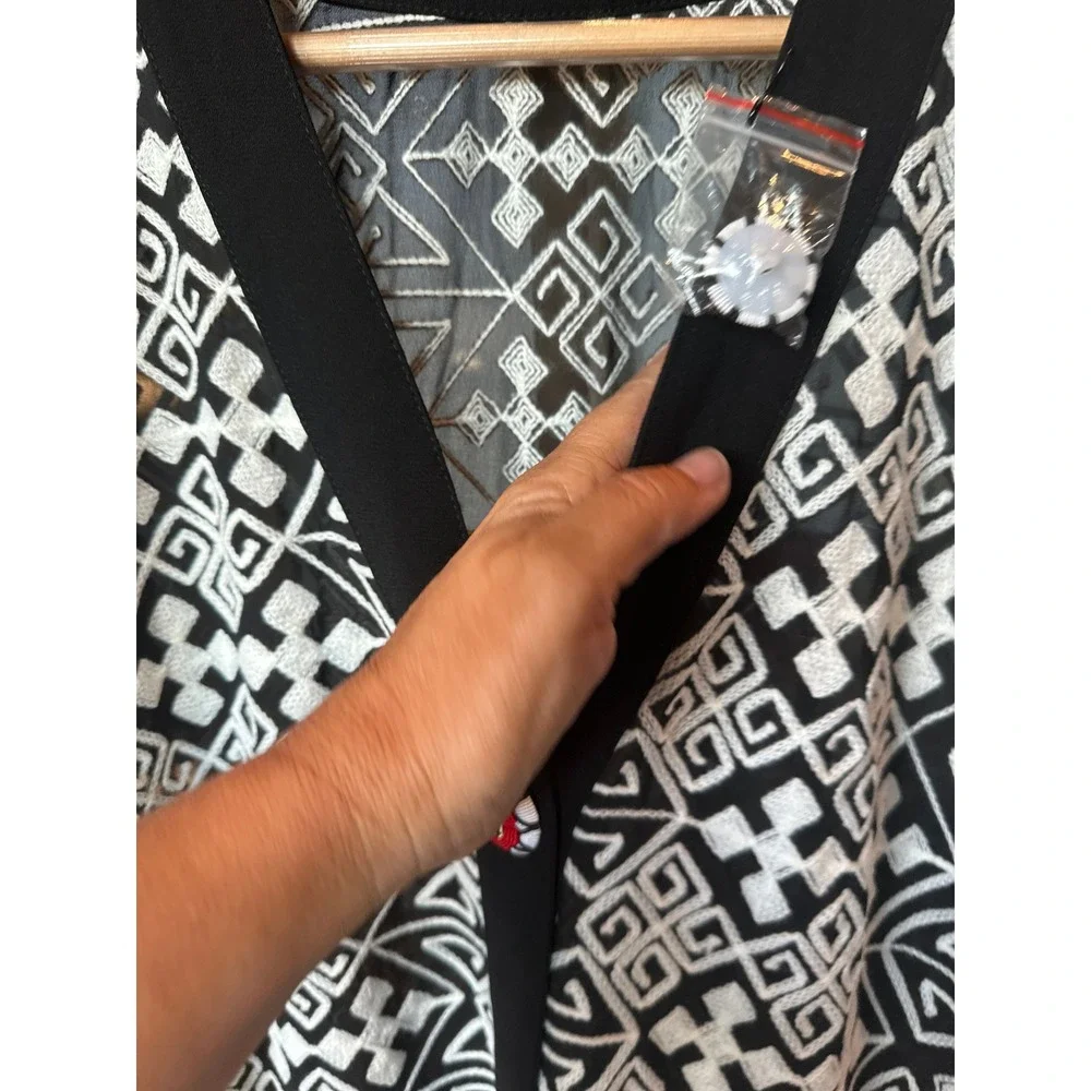 Geometric Fringe‎ Cardigan Duster Button Down Cover Up Black White